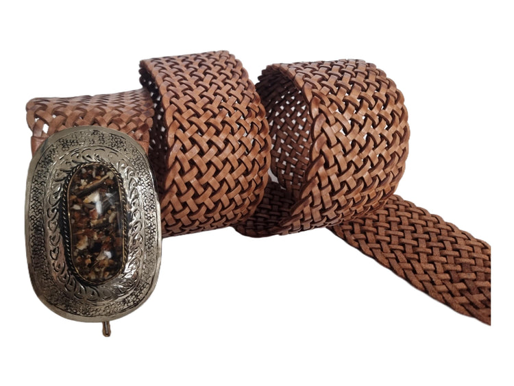 Wide Boho Leather Waist Belt: Engraved Silver Buckle, Brown Stone
