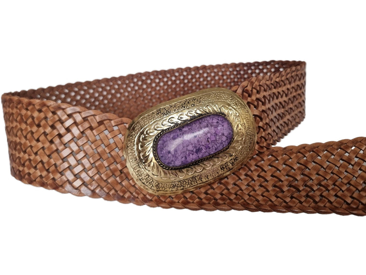 Wide Boho Leather Waist Belt: Engraved Gold Buckle, Purple Stone