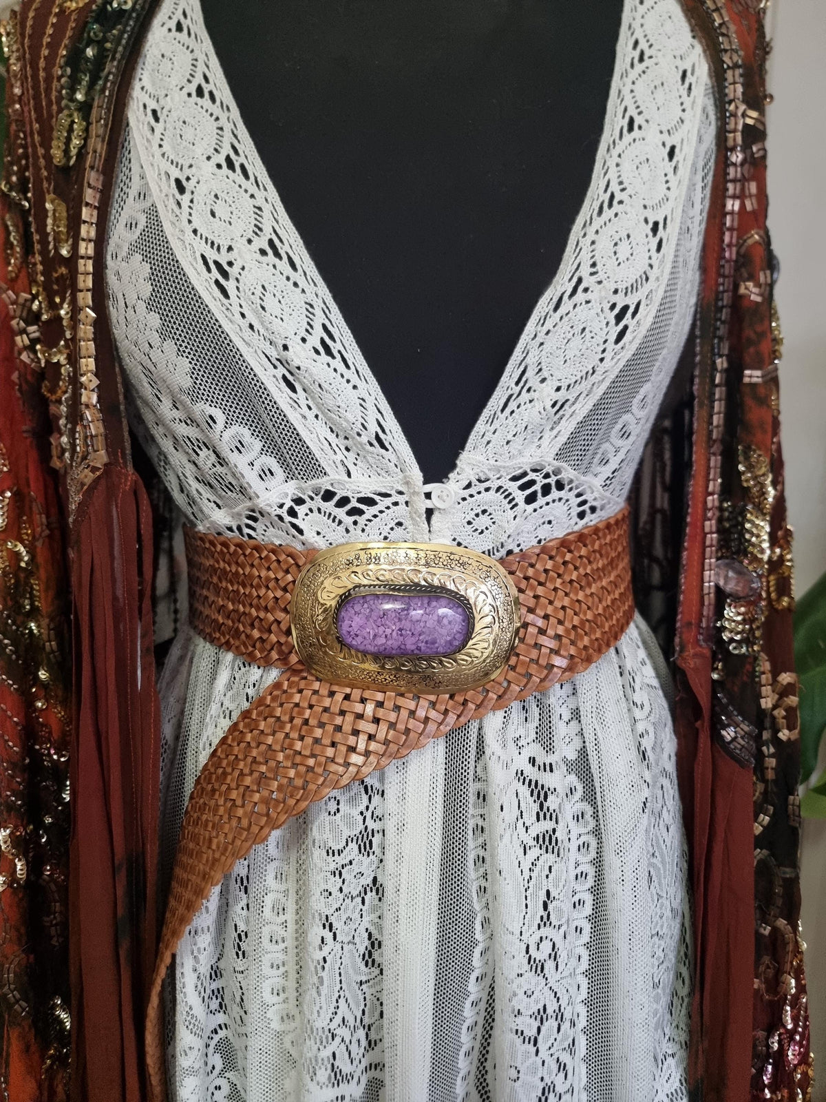 Wide Boho Leather Waist Belt: Engraved Gold Buckle, Purple Stone