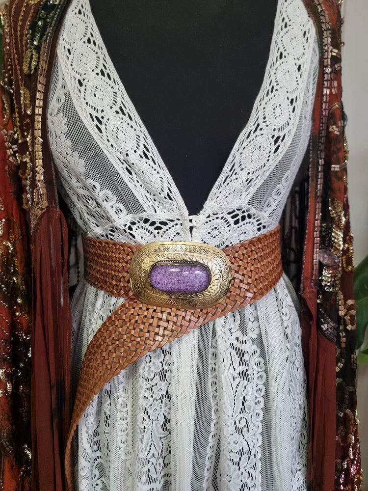 Wide Boho Leather Waist Belt: Engraved Gold Buckle, Purple Stone