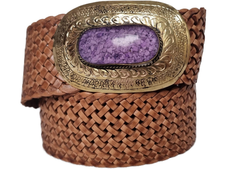 Wide Boho Leather Waist Belt: Engraved Gold Buckle, Purple Stone