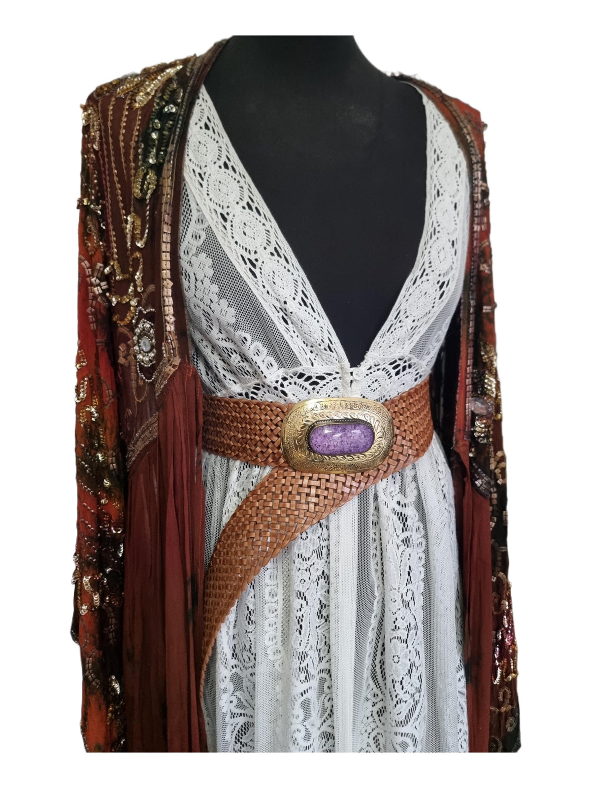 Wide Boho Leather Waist Belt: Engraved Gold Buckle, Purple Stone