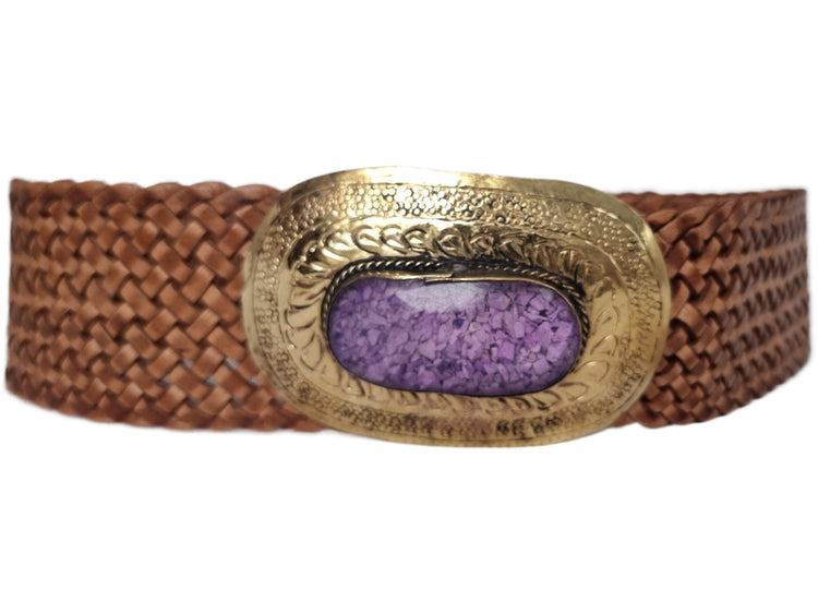 Wide Boho Leather Waist Belt: Engraved Gold Buckle, Purple Stone