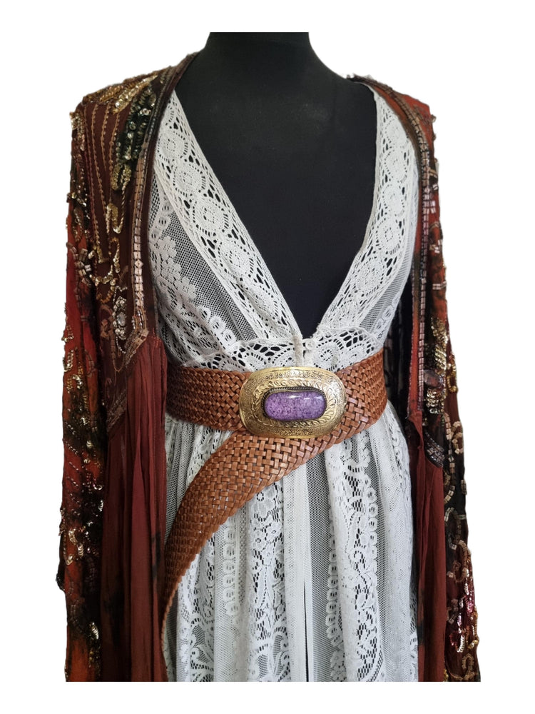 Wide Boho Leather Waist Belt: Engraved Gold Buckle, Purple Stone