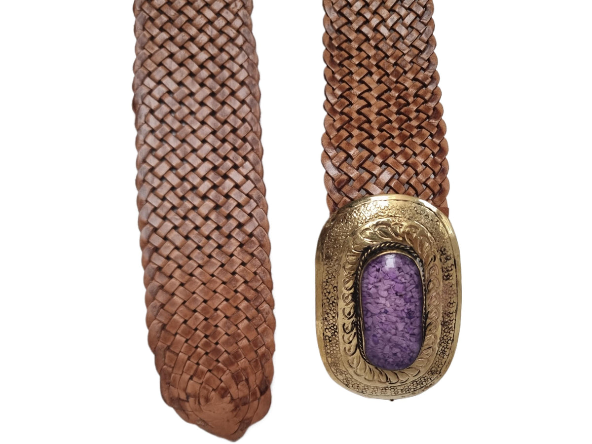 Wide Boho Leather Waist Belt: Engraved Gold Buckle, Purple Stone