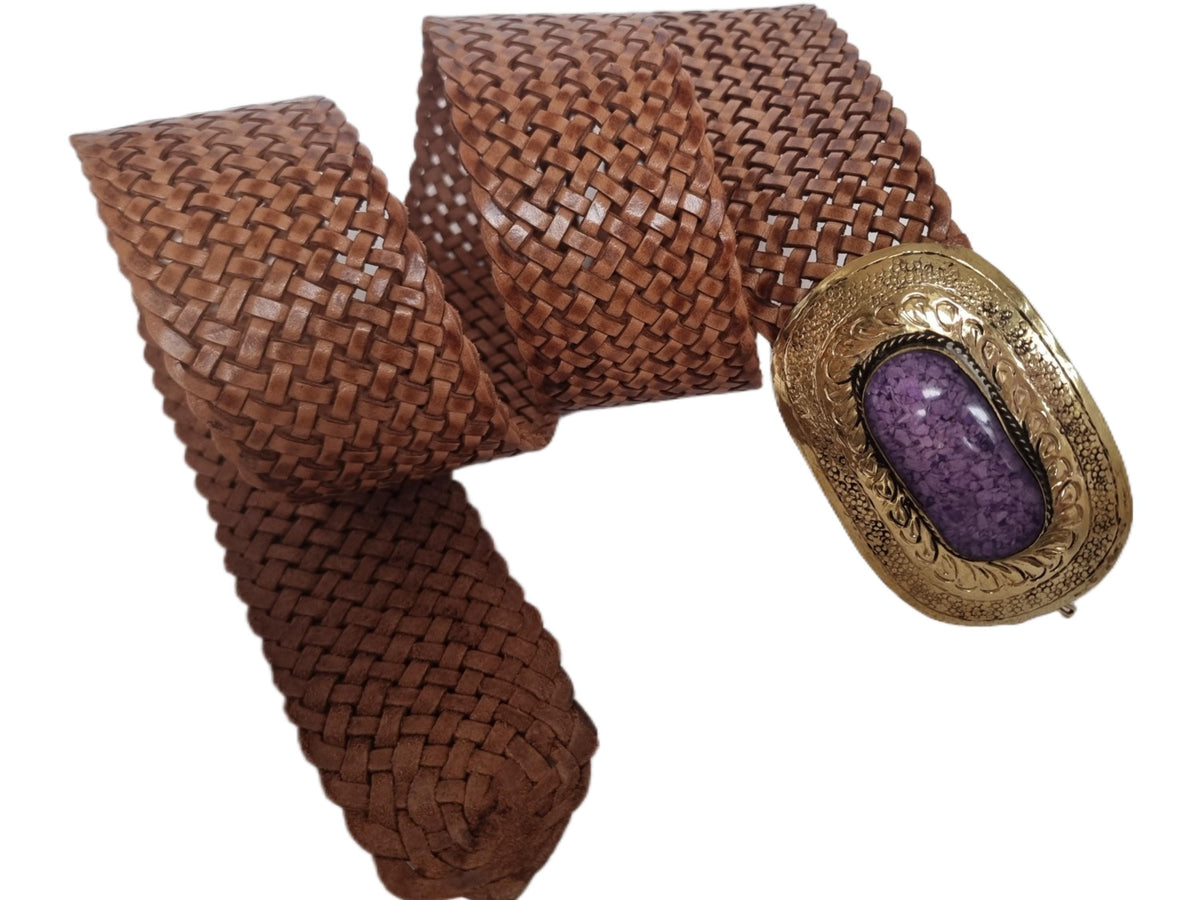 Wide Boho Leather Waist Belt: Engraved Gold Buckle, Purple Stone