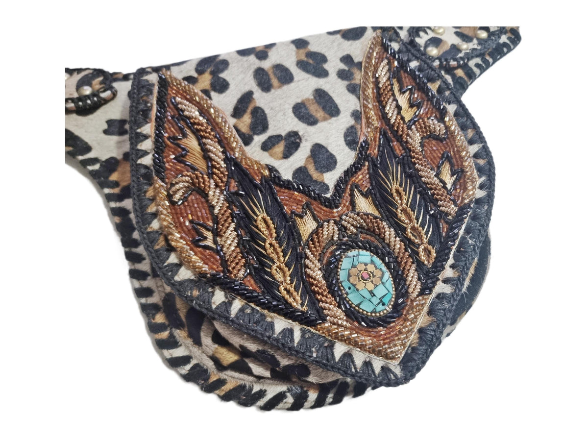 Leopard Cowhide Leather Bum Bag, Boho Western Belt Bag, Turquoise Stone Festival Fanny Pack, Cowgirl Crossbody Waist Bag