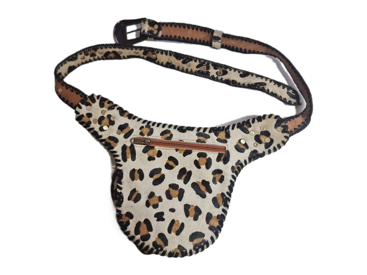 Leopard Cowhide Leather Bum Bag, Boho Western Belt Bag, Turquoise Stone Festival Fanny Pack, Cowgirl Crossbody Waist Bag