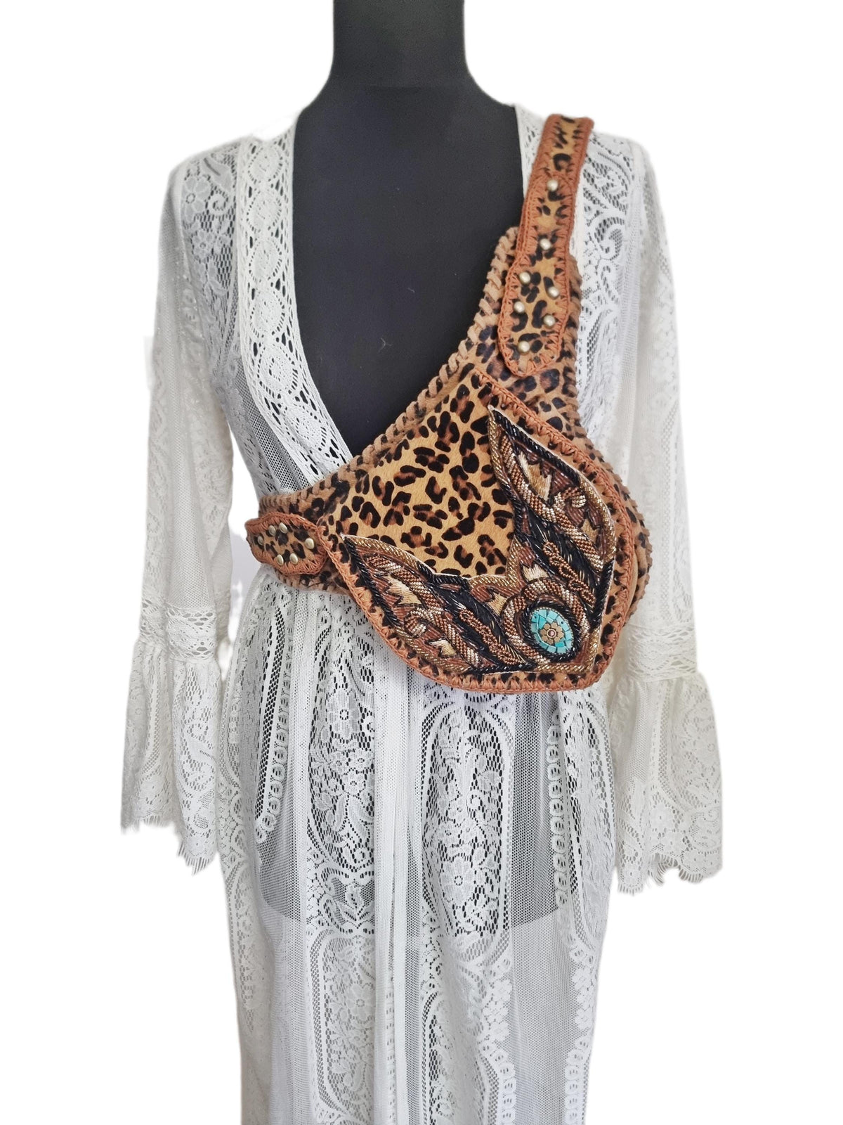 Beaded Leopard Cowhide Fanny Pack: Western Turquoise Buckle Belt Bag