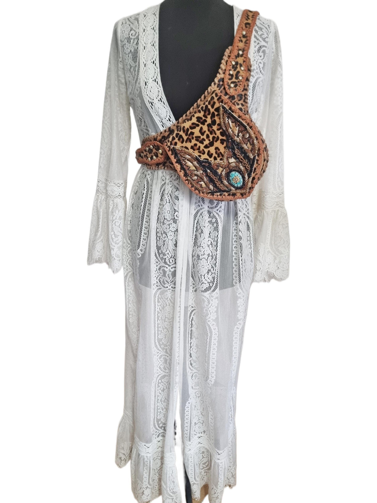 Beaded Leopard Cowhide Fanny Pack: Western Turquoise Buckle Belt Bag