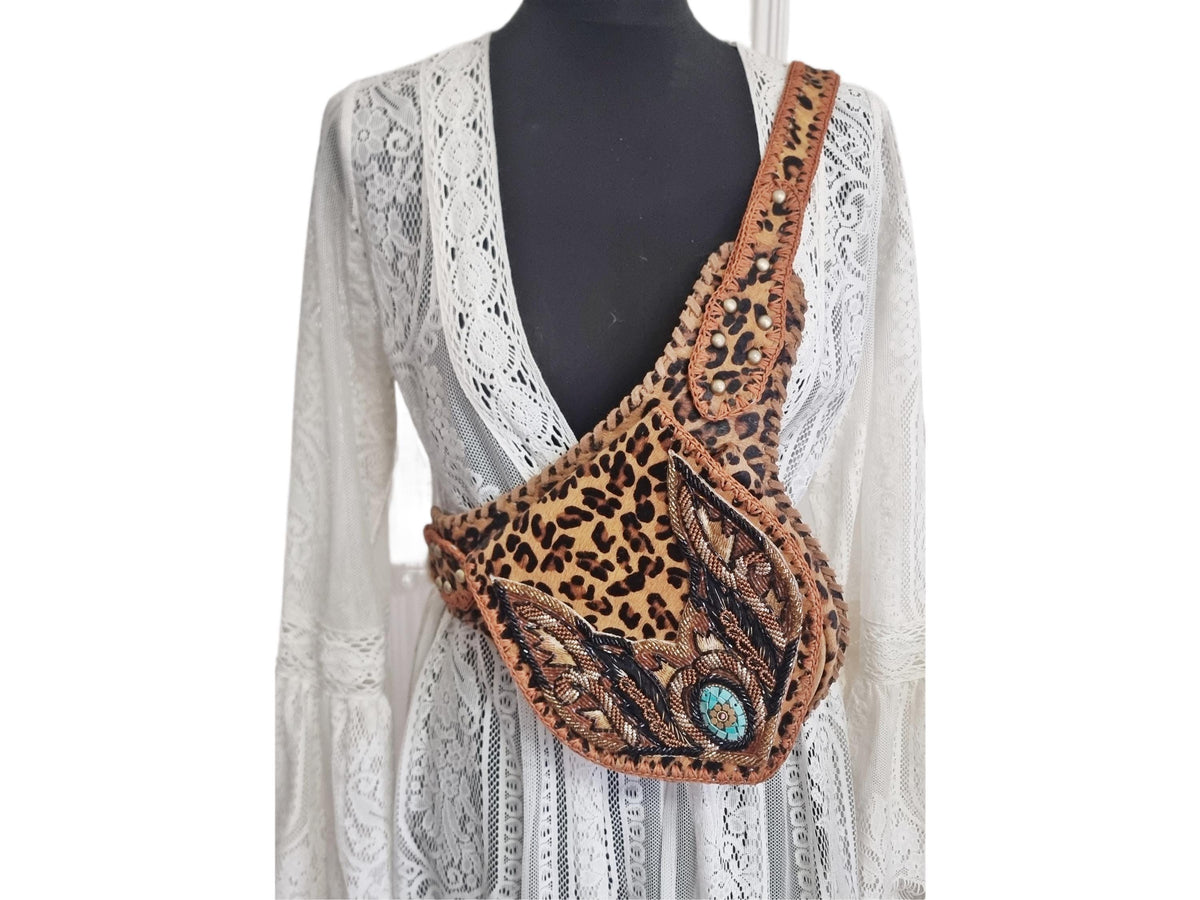 Beaded Leopard Cowhide Fanny Pack: Western Turquoise Buckle Belt Bag