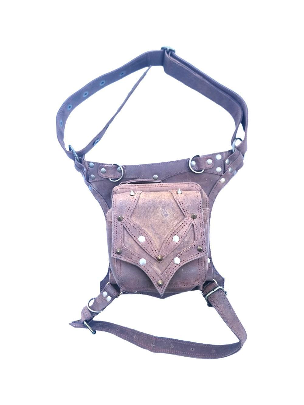 Handmade Leather Fanny Pack with Leg Strap: Steampunk Biker Bag