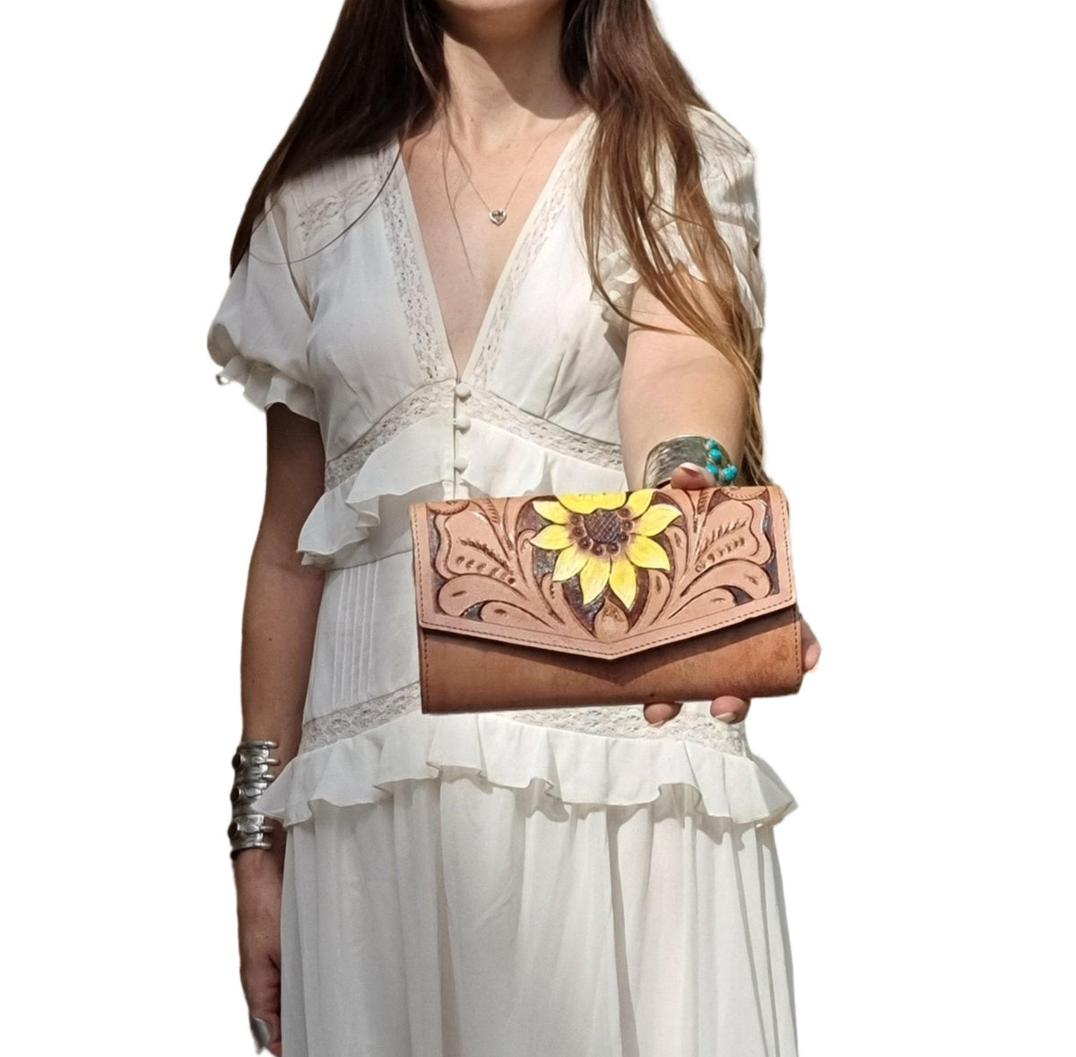 Sunflower Leather Gift Set for Women | Hippie Wallet & Western Belt Set | Boho Cowgirl Accessories | Floral Tooled Leather Belt