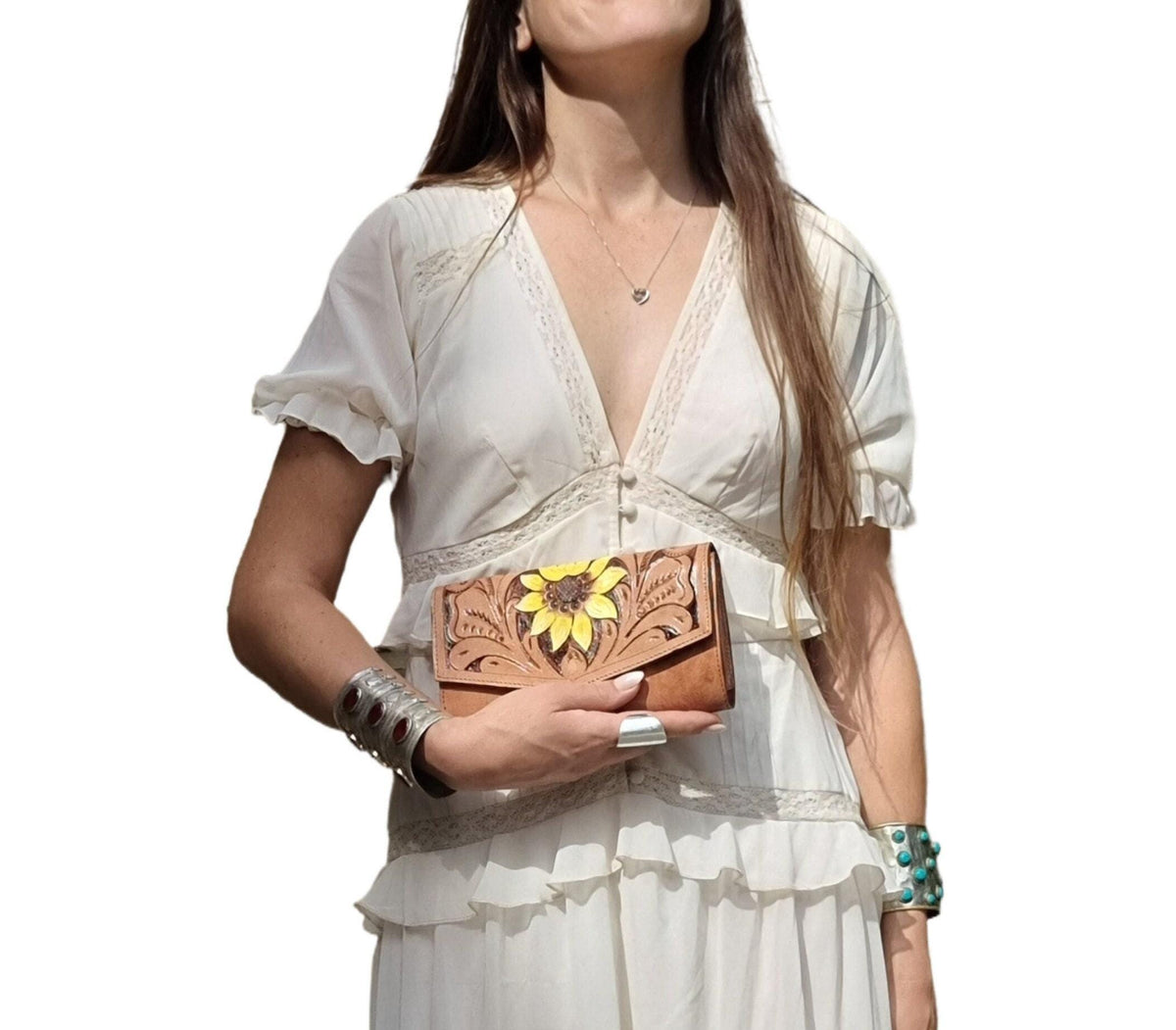 Sunflower Leather Gift Set for Women | Hippie Wallet & Western Belt Set | Boho Cowgirl Accessories | Floral Tooled Leather Belt