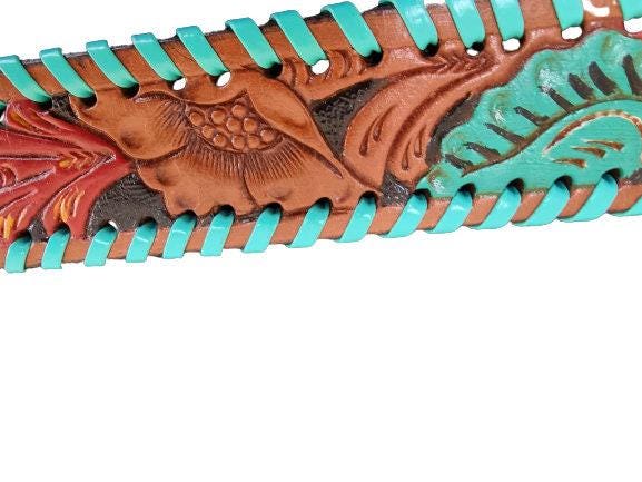 Hand Tooled Floral Leather Belt: Vintage Cowgirl Style with Turquoise Stone