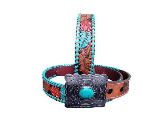 Hand Tooled Floral Leather Belt: Vintage Cowgirl Style with Turquoise Stone