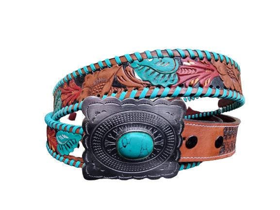 Hand Tooled Floral Leather Belt: Vintage Cowgirl Style with Turquoise Stone