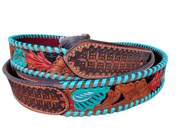 Hand Tooled Floral Leather Belt: Vintage Cowgirl Style with Turquoise Stone