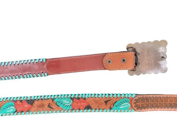 Hand Tooled Floral Leather Belt: Vintage Cowgirl Style with Turquoise Stone