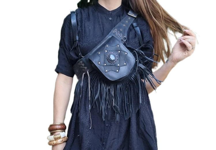 Leather Fringe Fanny Pack: Steampunk Belt Bag with Labradorite