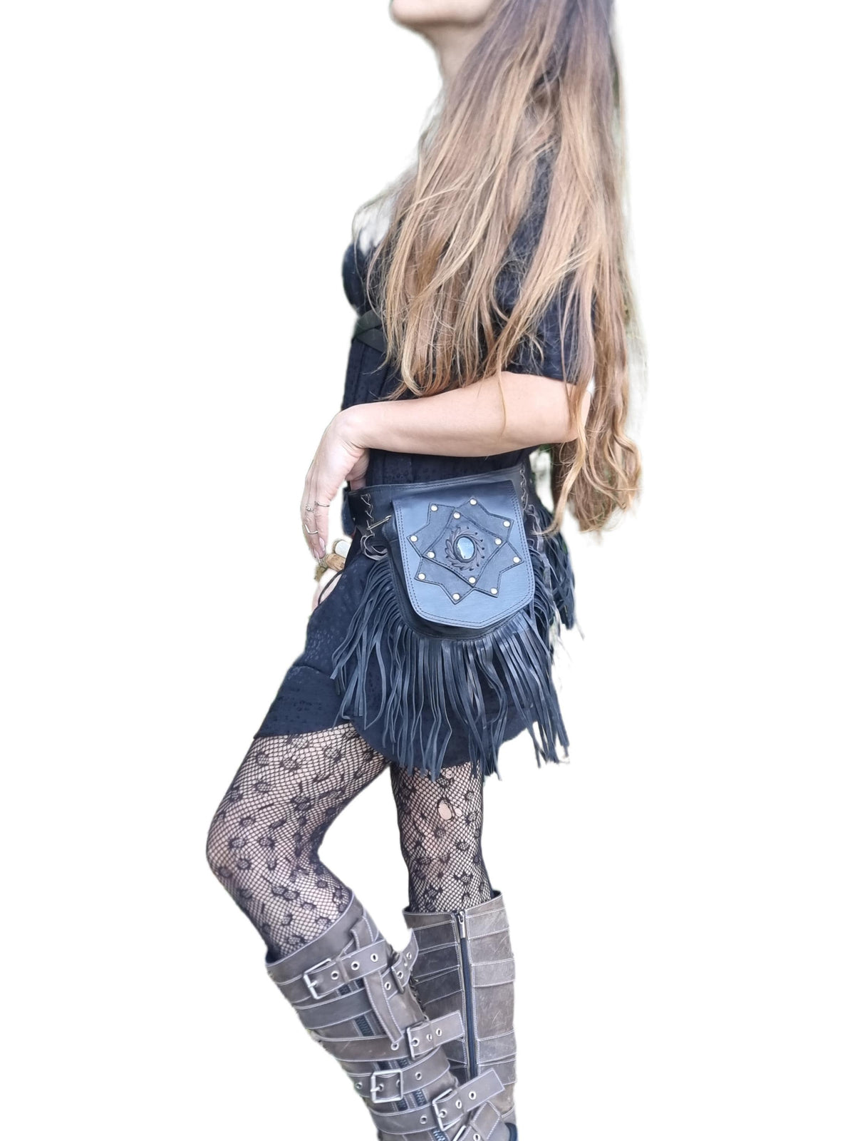 Leather Fringe Fanny Pack: Steampunk Belt Bag with Labradorite