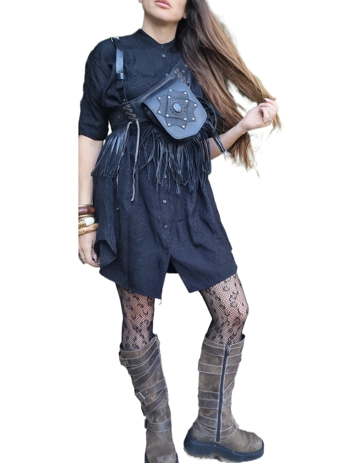Leather Fringe Fanny Pack: Steampunk Belt Bag with Labradorite