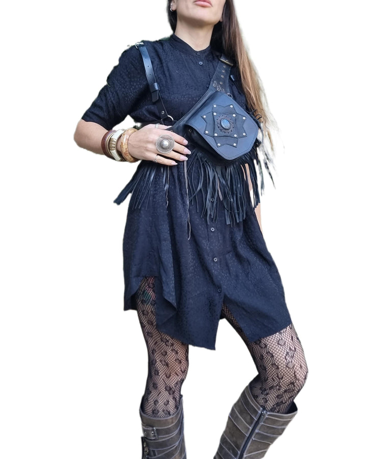 Leather Fringe Fanny Pack: Steampunk Belt Bag with Labradorite