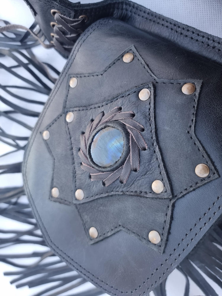 Leather Fringe Fanny Pack: Steampunk Belt Bag with Labradorite