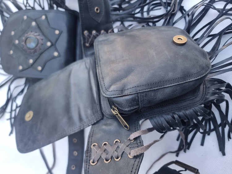 Leather Fringe Fanny Pack: Steampunk Belt Bag with Labradorite
