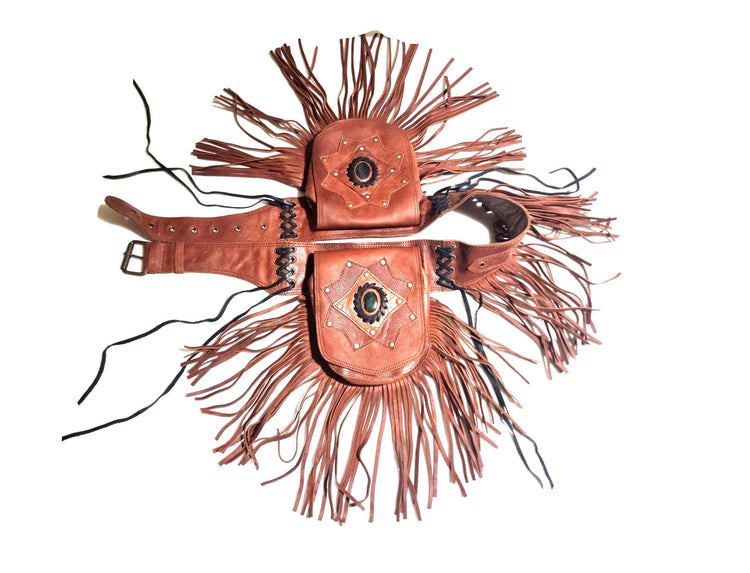 Leather Fringe Belt Bag: Boho Festival Waist Pack with Labradorite