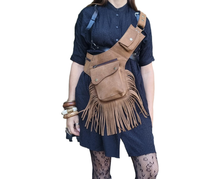 Rustic Leather Fringe Belt Bag: Burning Man Festival Fanny Pack