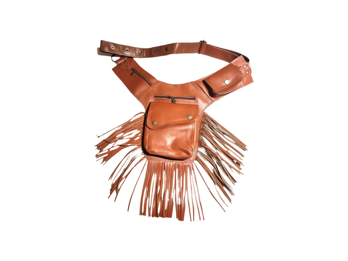 Fringe Leather Crossbody Bag, Womens Fanny Pack, Boho Travel Pocket Belt, Festival Outfit