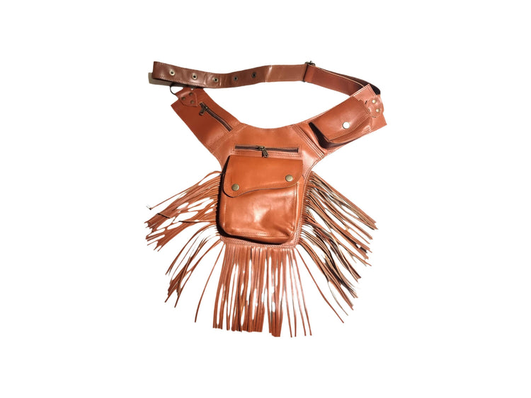 Fringe Leather Crossbody Bag, Womens Fanny Pack, Boho Travel Pocket Belt, Festival Outfit