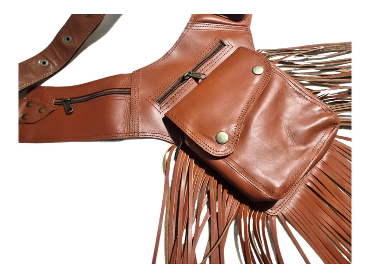 Fringe Leather Crossbody Bag, Womens Fanny Pack, Boho Travel Pocket Belt, Festival Outfit