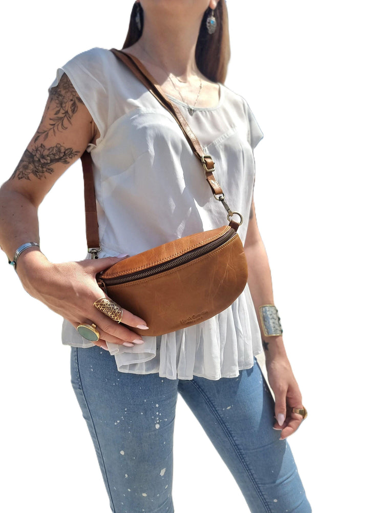 Leather Bum Bag, Tan Brown Leather Fanny Pack, Womens Belt Bag, Leather Crossbody Bag, Small Sling Bag, Festival Bag, Handmade Purse