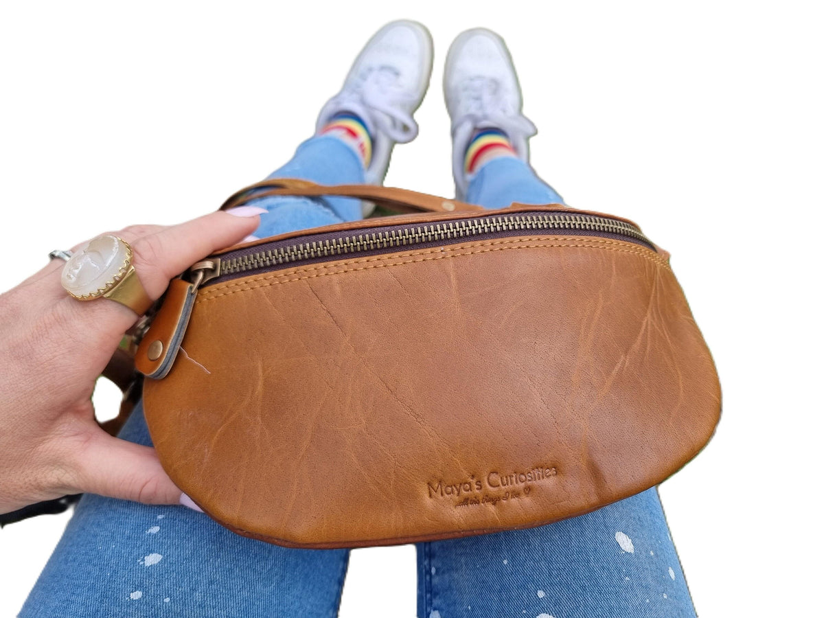 Leather Bum Bag, Tan Brown Leather Fanny Pack, Womens Belt Bag, Leather Crossbody Bag, Small Sling Bag, Festival Bag, Handmade Purse