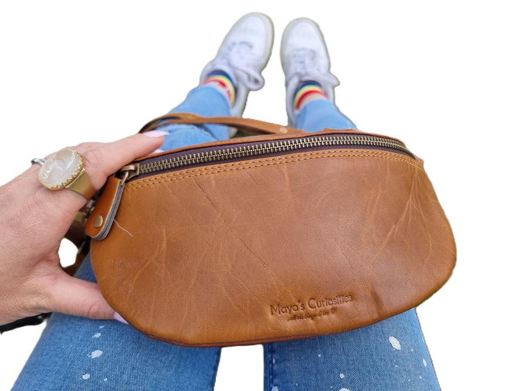 Leather Bum Bag, Tan Brown Leather Fanny Pack, Womens Belt Bag, Leather Crossbody Bag, Small Sling Bag, Festival Bag, Handmade Purse