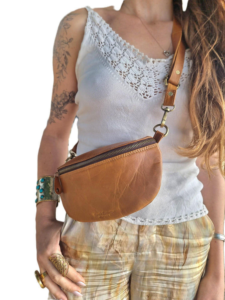 Leather Bum Bag, Tan Brown Leather Fanny Pack, Womens Belt Bag, Leather Crossbody Bag, Small Sling Bag, Festival Bag, Handmade Purse
