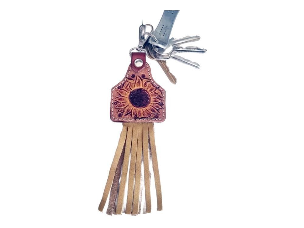 Hand Tooled Leather Sunflower Keychain with Fringe – Boho Western Bag Charm