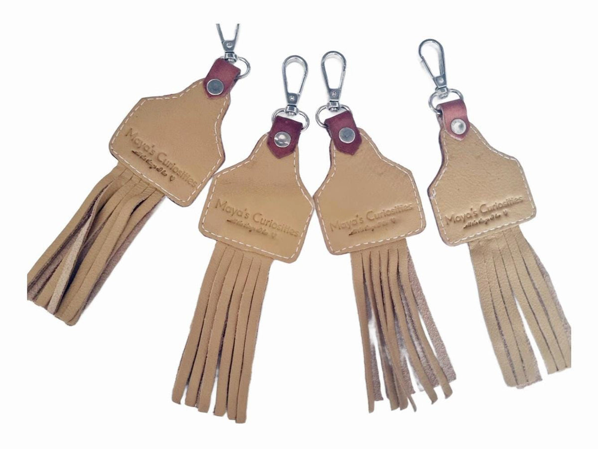 Hand Tooled Leather Sunflower Keychain with Fringe – Boho Western Bag Charm