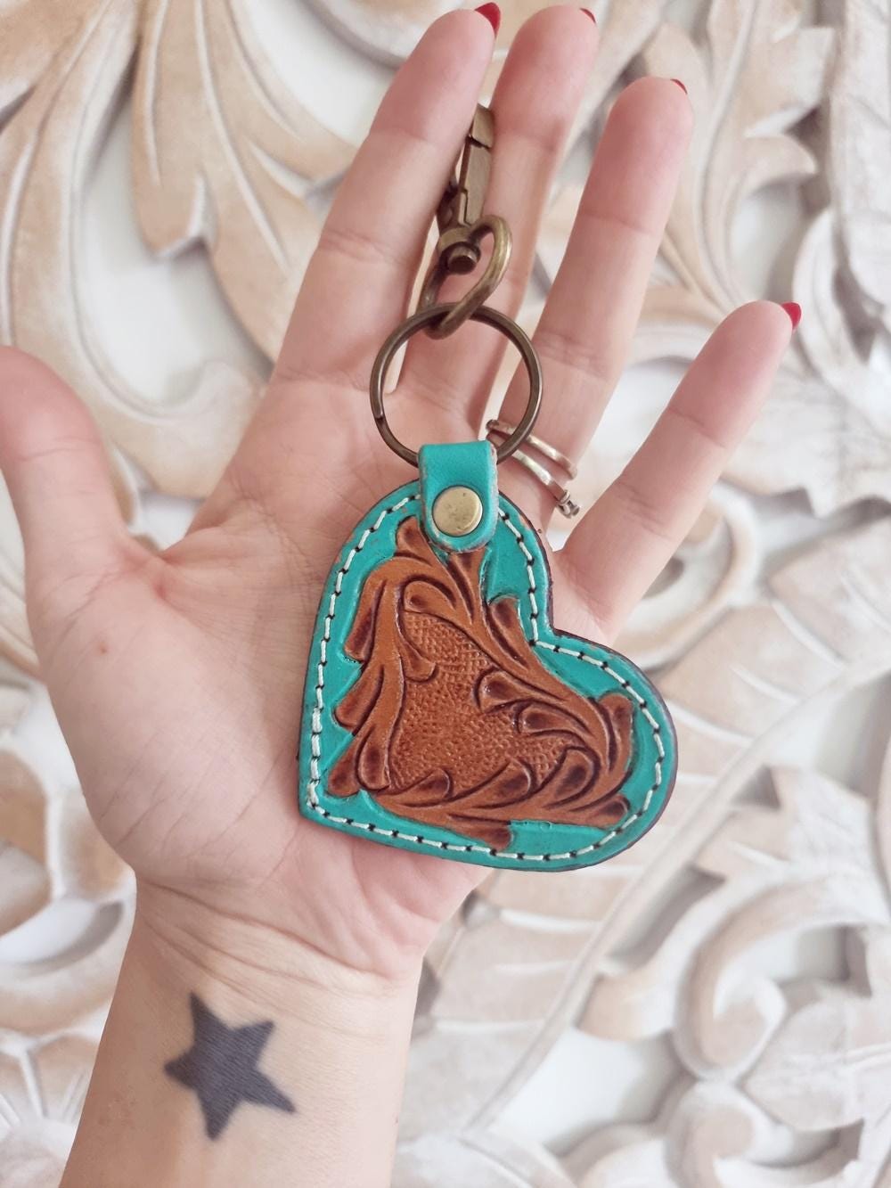 Tooled Leather Heart Keychain: Turquoise Painted Floral Charm