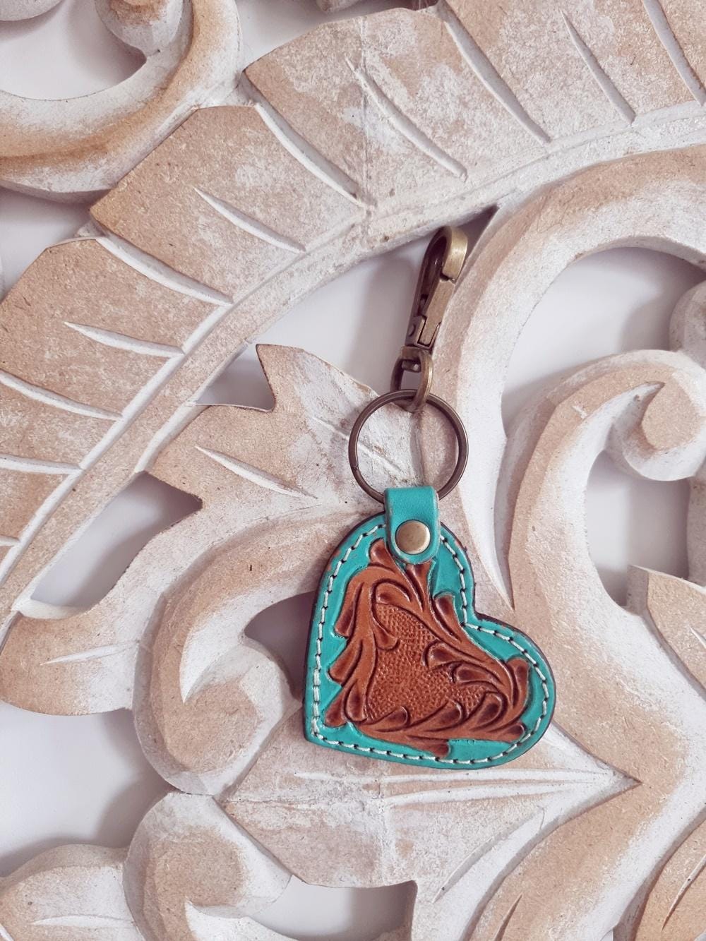 Tooled Leather Heart Keychain: Turquoise Painted Floral Charm