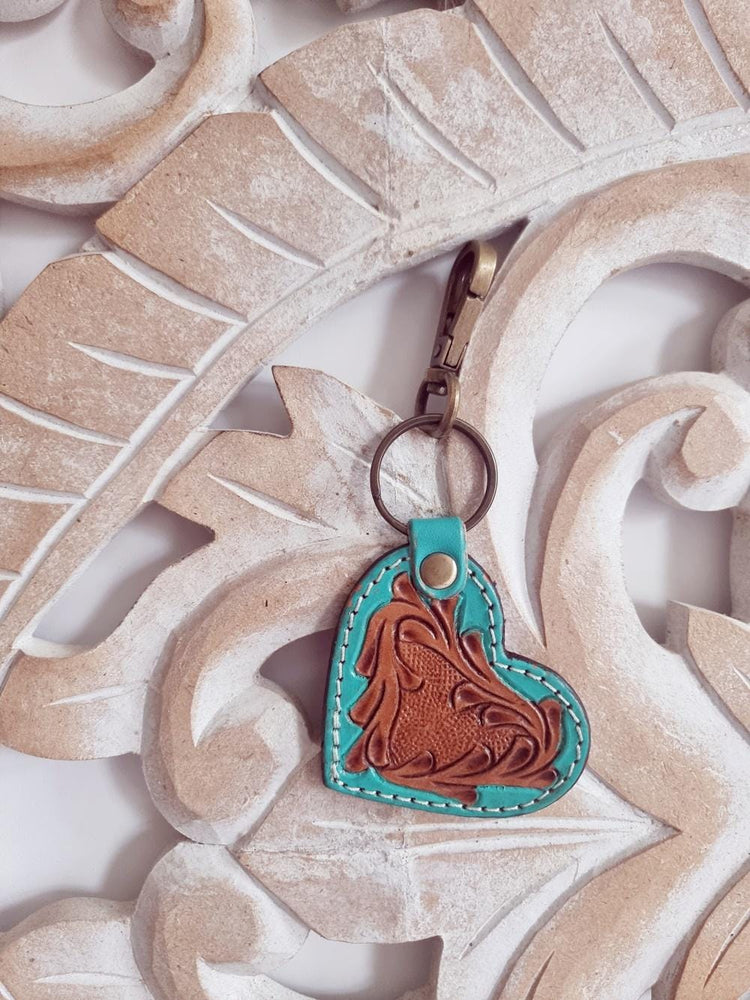 Tooled Leather Heart Keychain: Turquoise Painted Floral Charm