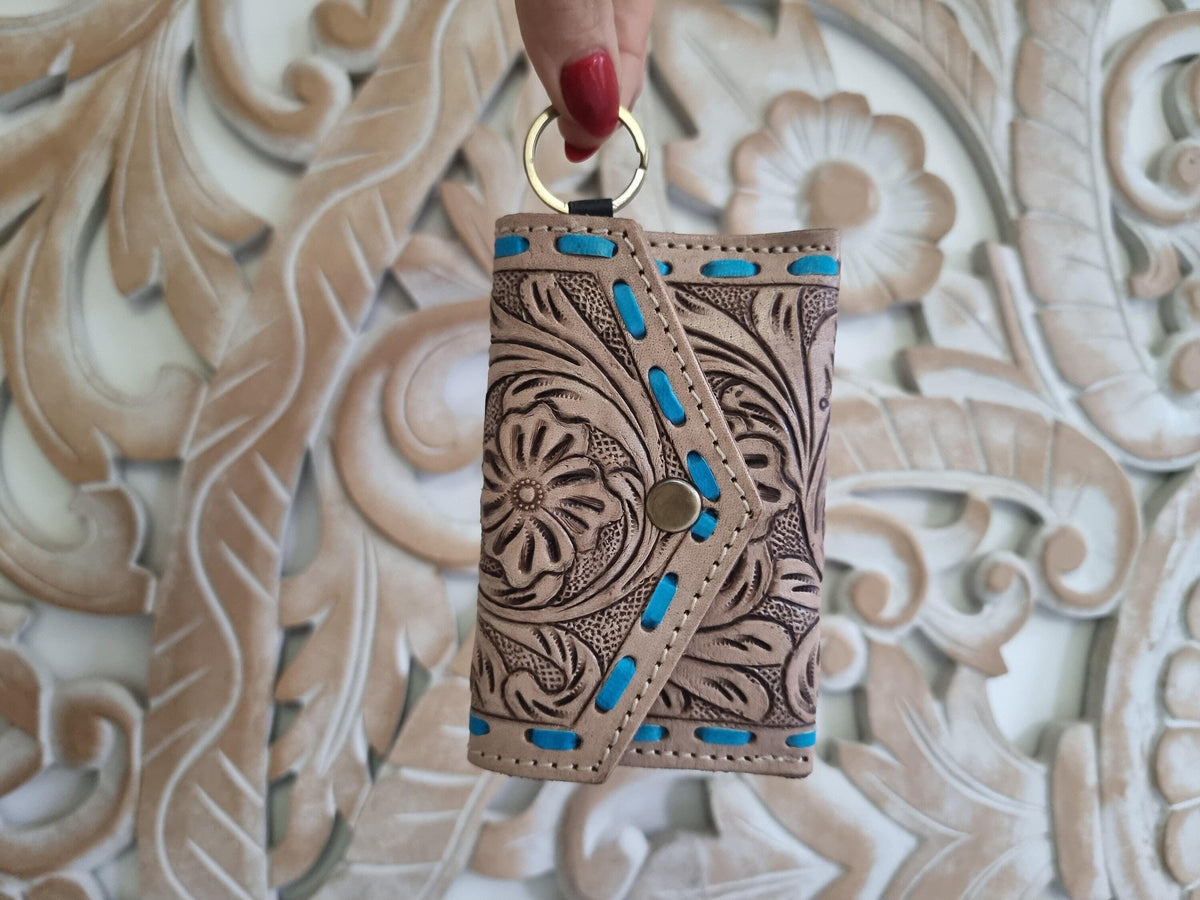 Tooled Leather Mini Key Pouch: Western Floral Keychain Wallet