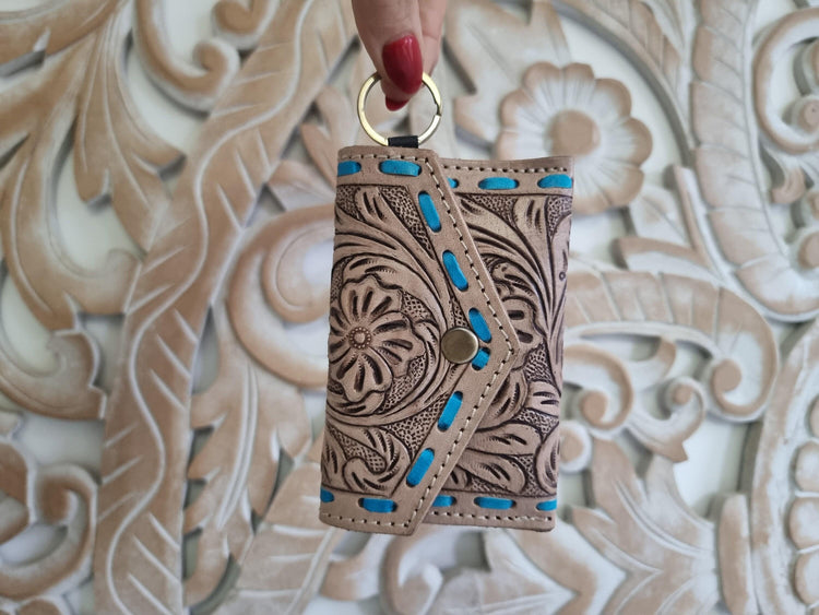 Tooled Leather Mini Key Pouch: Western Floral Keychain Wallet