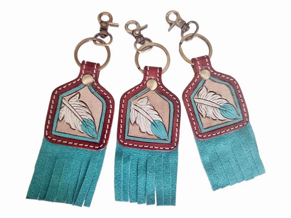 Hand Tooled Leather Feather Keychain: Turquoise Suede Fringe Western Purse Charm