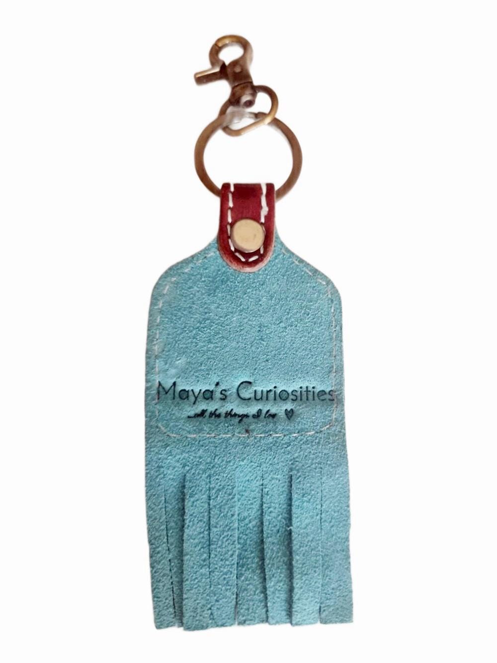 Hand Tooled Leather Feather Keychain: Turquoise Suede Fringe Western Purse Charm