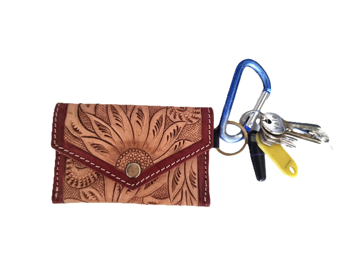 Sunflower Tooled Leather Keychain Wallet: Western Style Mini Coin Purse