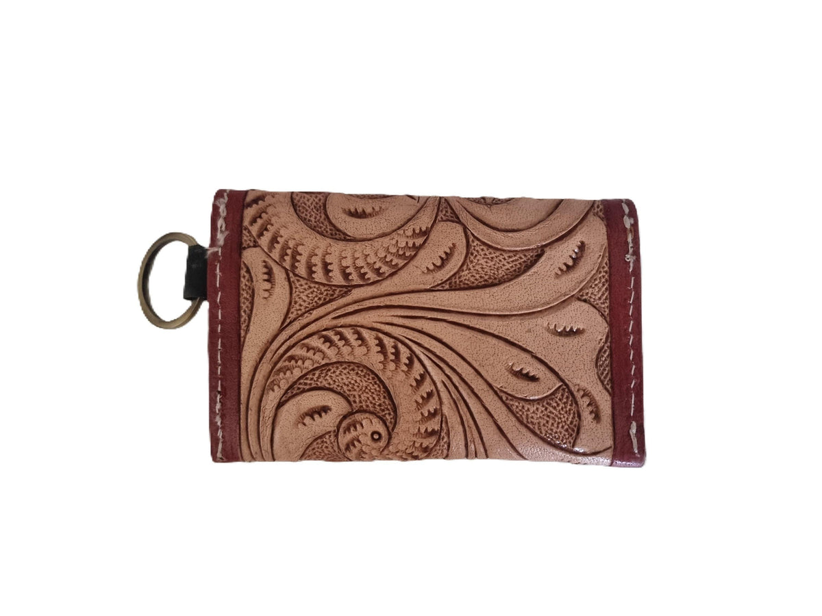 Sunflower Tooled Leather Keychain Wallet: Western Style Mini Coin Purse