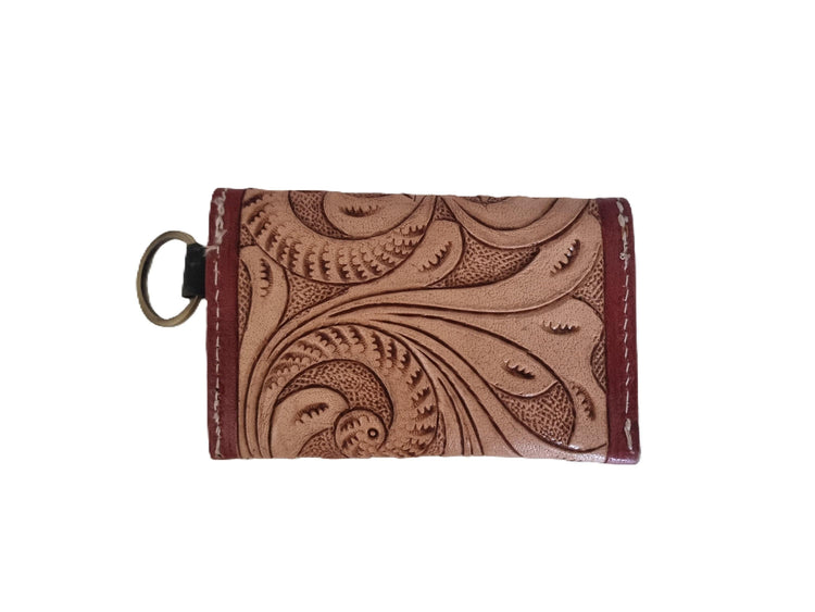 Sunflower Tooled Leather Keychain Wallet: Western Style Mini Coin Purse
